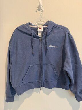 Champion Cropped Full Zip Hoodie Periwinkle Blue Heavyweight Size L Like New